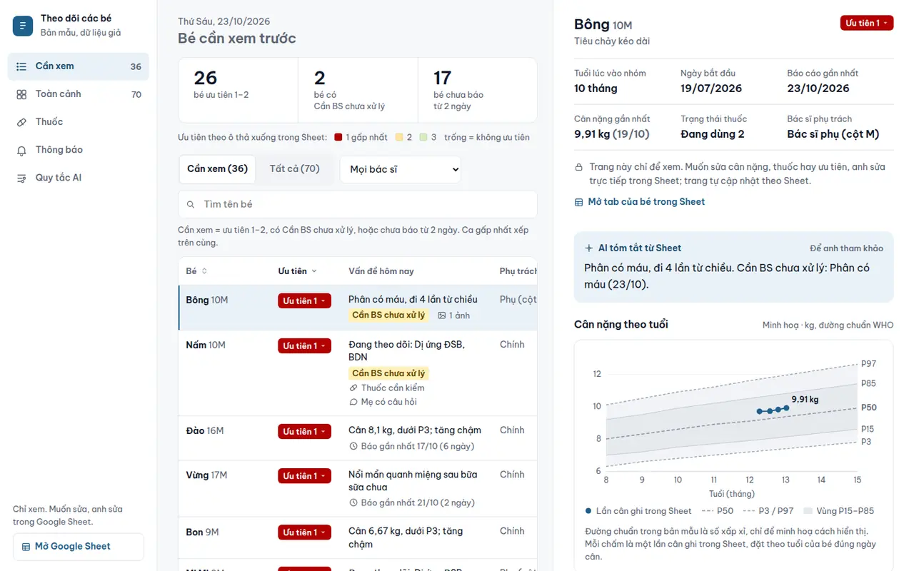 Web app trên máy tính: danh sách bé cần xem trước bên trái, hồ sơ bé bên phải
